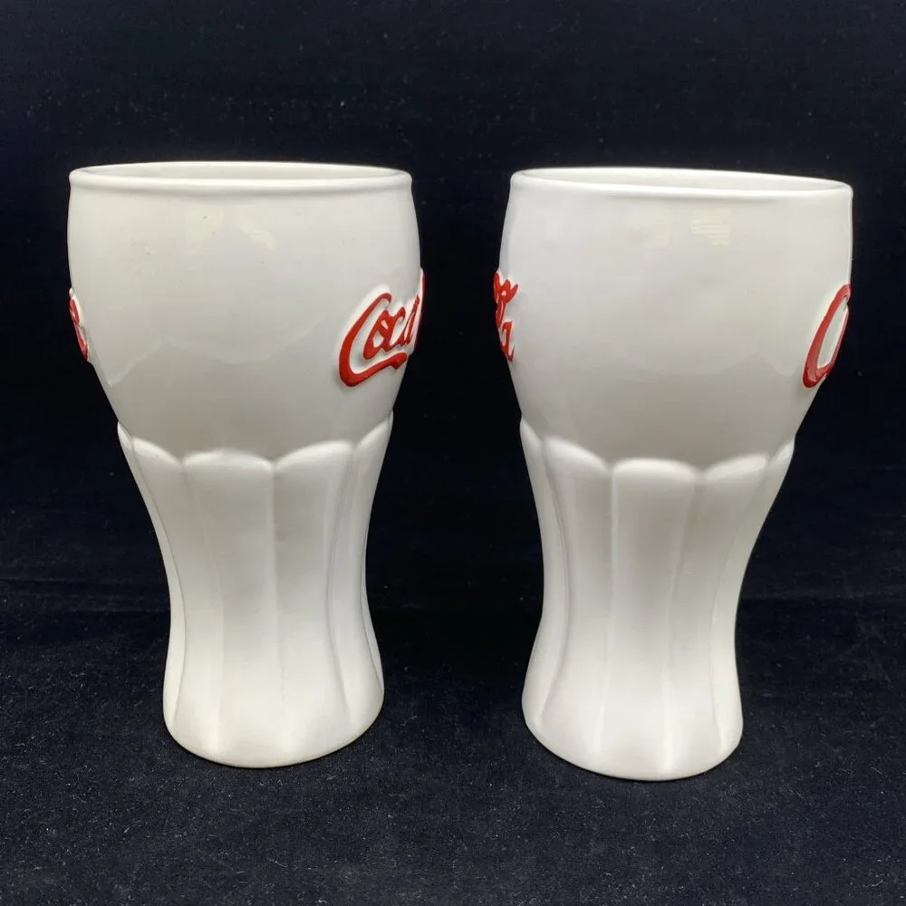 2 Coca-Cola White Ceramic Glasses Red Lettering Houston Harvest 6.25" Tall Vtg - Picture 6 of 11